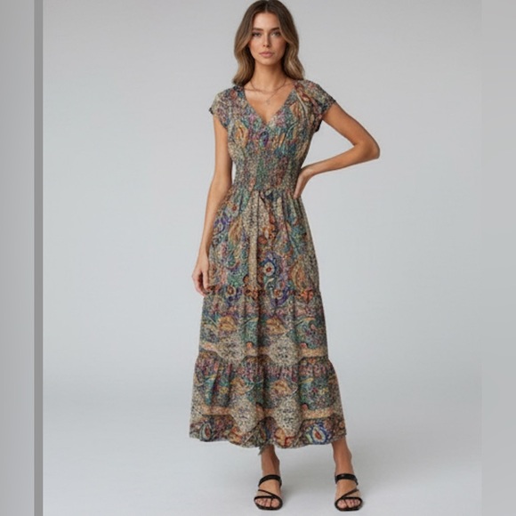 Boho Paisley Shirred Waist Ruffle Hem Maxi Dress Multicolor - Picture 5 of 12